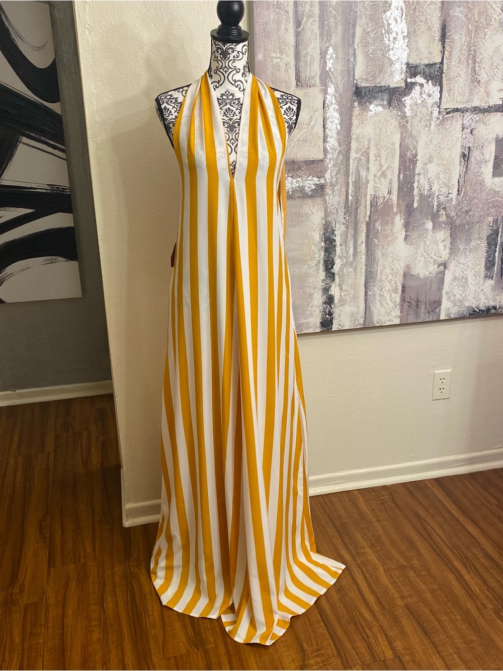New Striped Halter Maxi Dress in Yellow and White